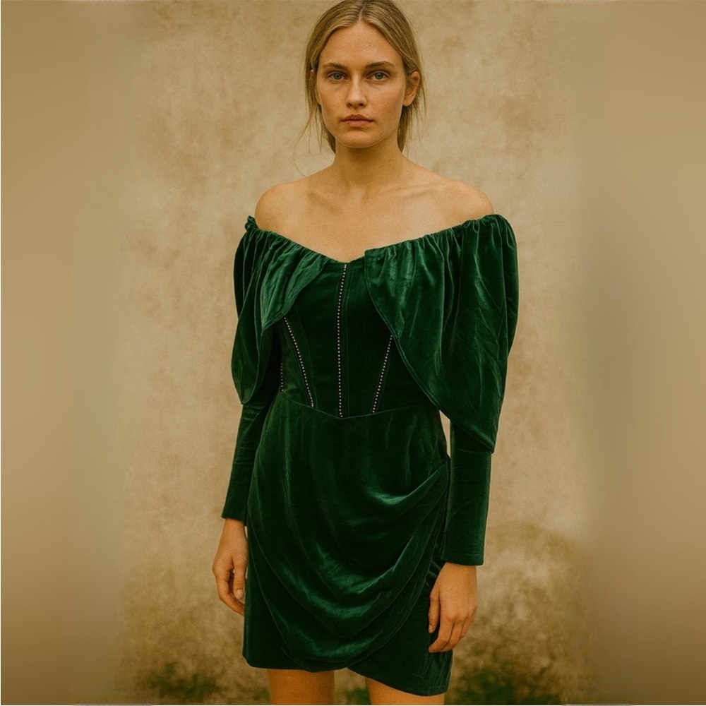 NWT Glamaker Emerald Green Velvet Beaded Off-Shoulder Rhinestone Mini Dress